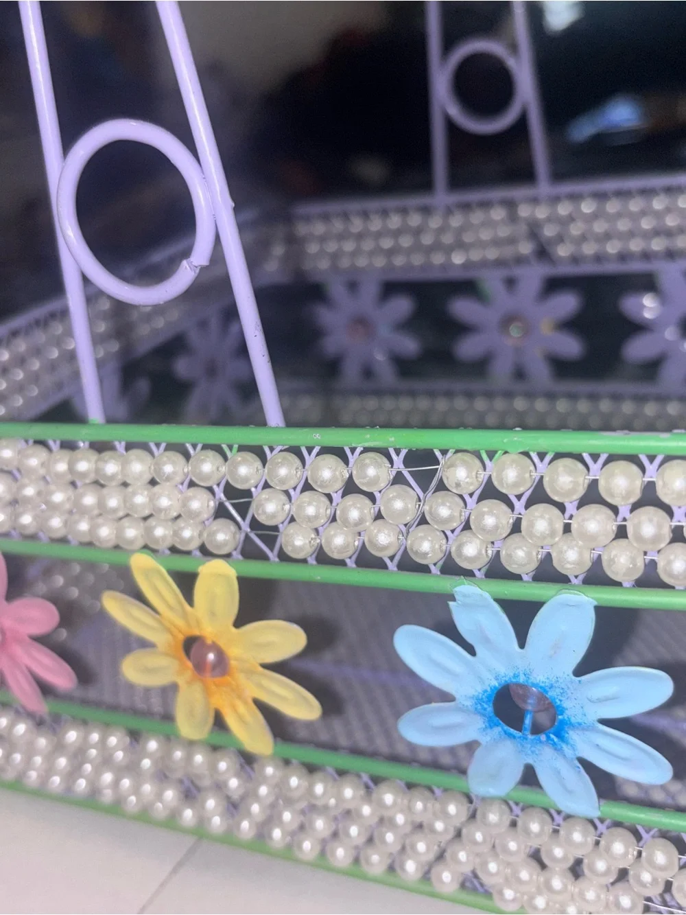 Y2K Decorative Pastel Purple Flower Basket with Pearl Trim